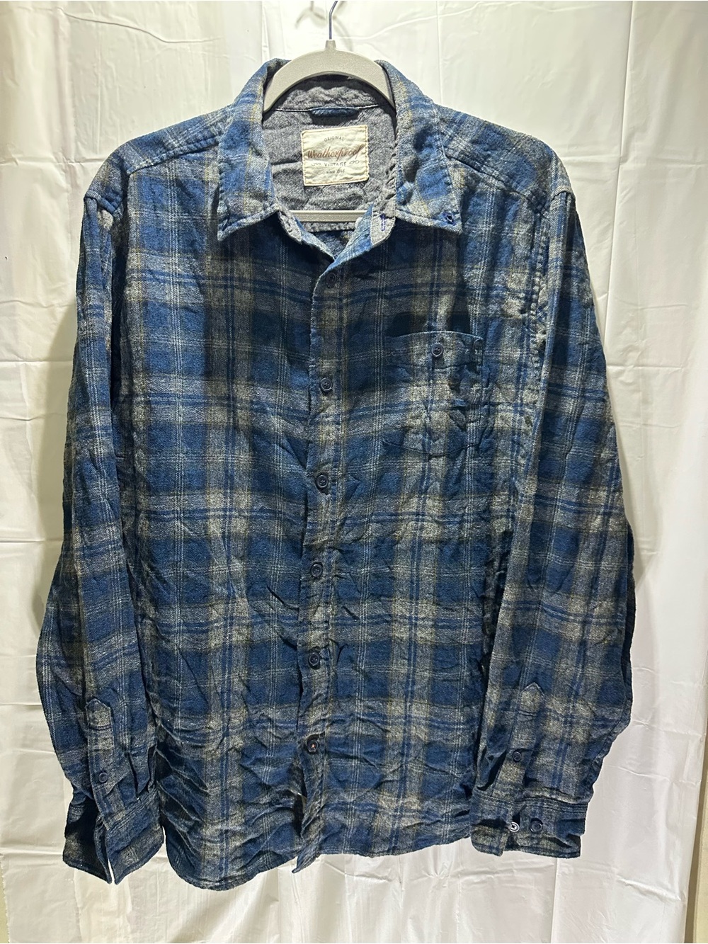 Weatherproof Men Button Up Shirt Large Blue Plaid Flannel Pocket Collar Casual